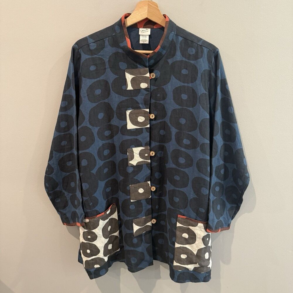 MARLA DURAN Design Style 911 Linen Circle Print Jacket Art To Wear Blue XL